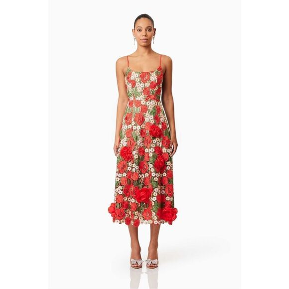 Elliatt Roselyn Embroidered Midi Dress Red weddingbirthday Vibe size S NWT$580